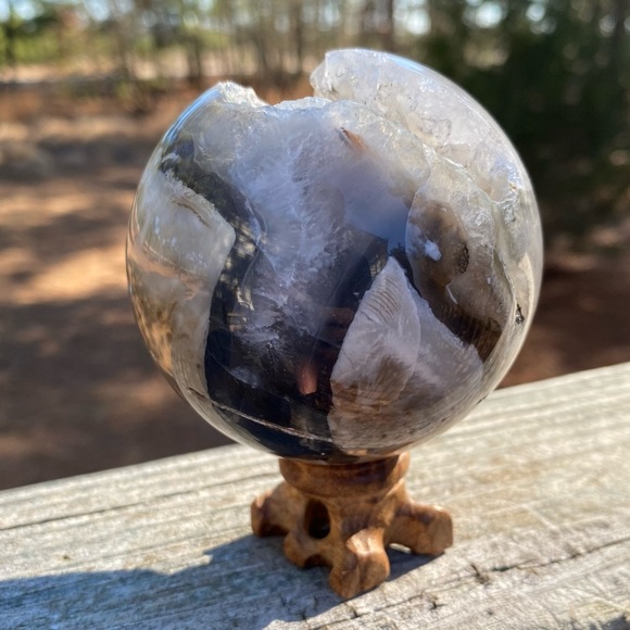 Large HQ Polished UV Reactive Volcano Agate Sphere w/ Wooden Stand - Picture 2 of 16